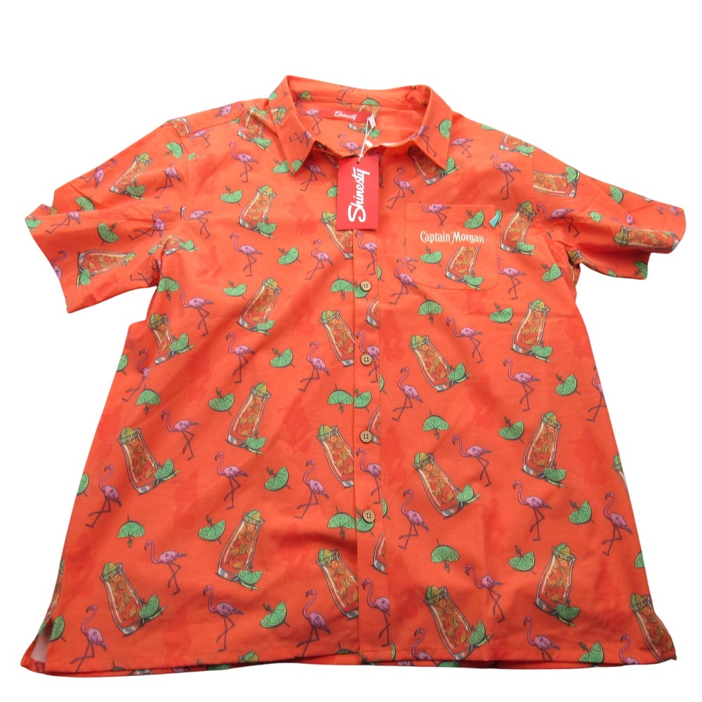 Shinesty Captain Morgan Flamingo Cocktail Hawaiian Button Up‎ Shirt Mens XXL
